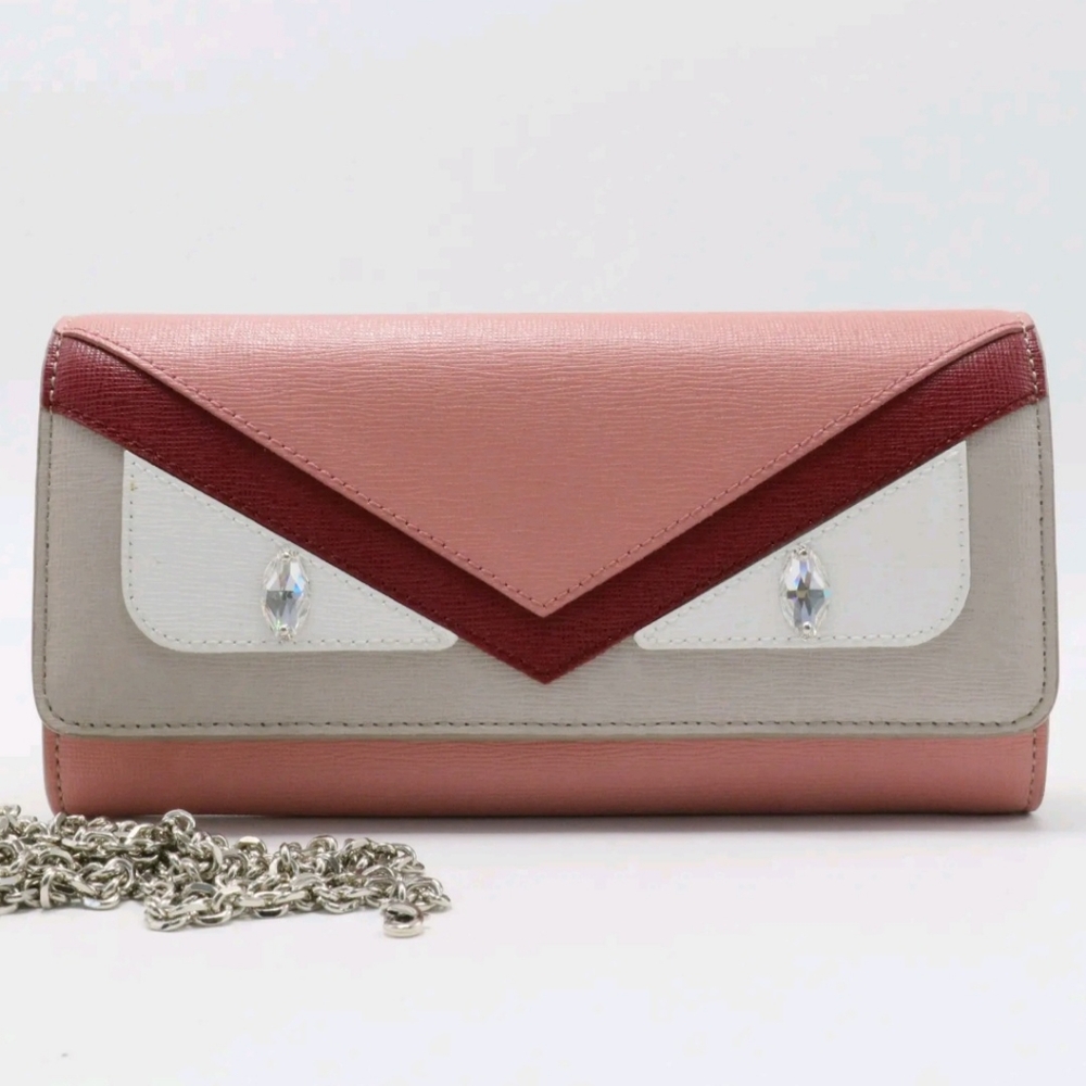 FENDI VITELLO ELITE CRYSTAL EYE MONSTER CONTINENTAL WALLET ON CHAIN